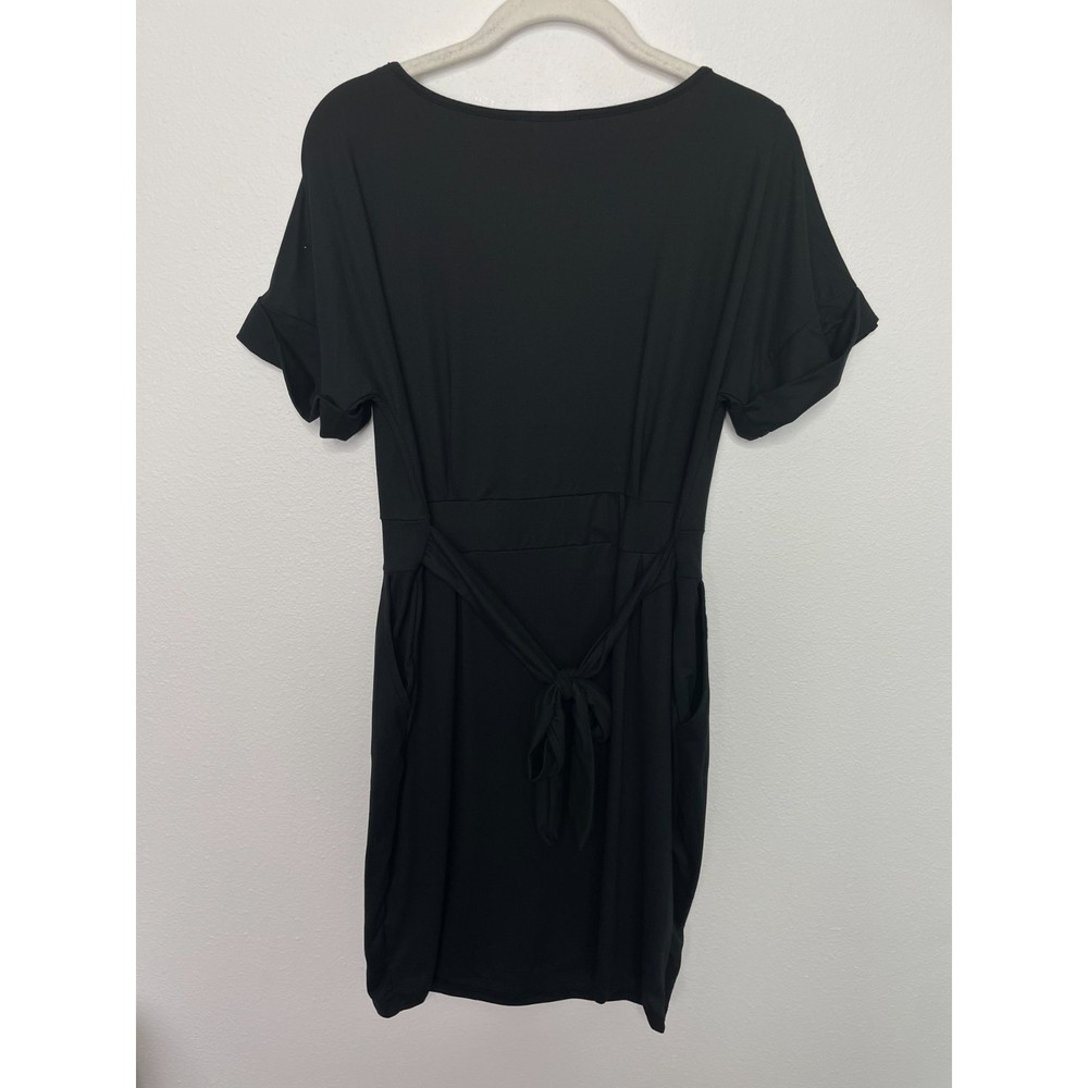 Zenana Smooth Talker Tie-Waist Dress Black Short Sleeve Pockets Stretchy - Picture 15 of 16